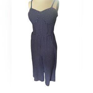 Junior women’s Navy polka dot jumpsuit w padded bra adjustable straps LG EUC